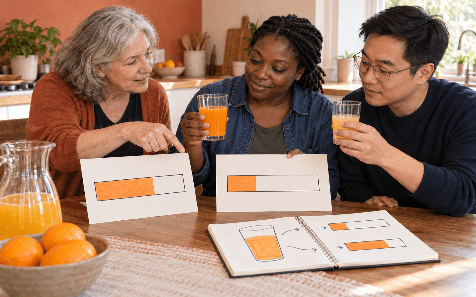 A mathematics educator and two adult learners compare drink concentrations using continuous shaded proportion bars and a mixture sketch.