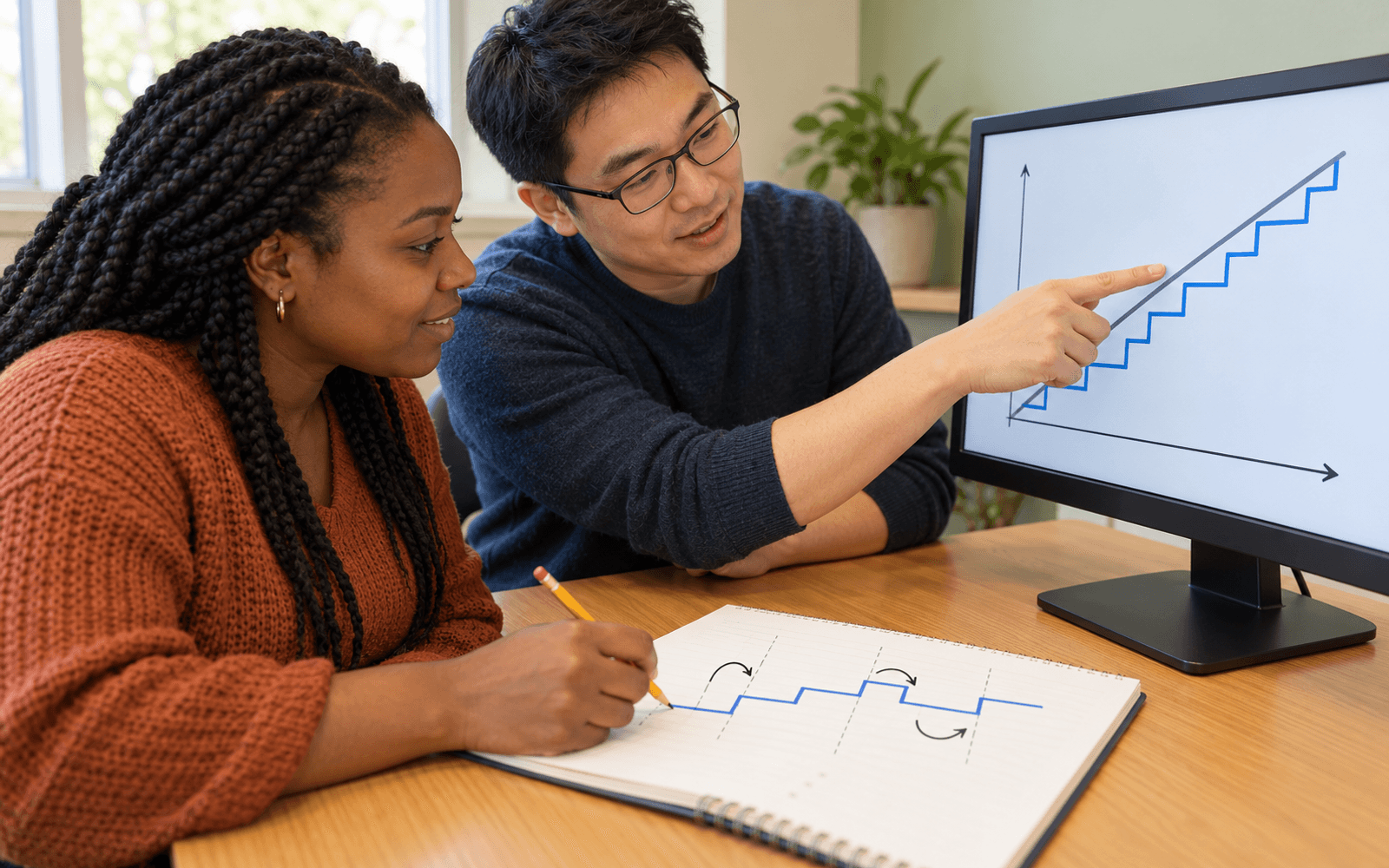 A computing instructor and an adult learner compare a smooth line with a stepped approximation and a rounding diagram beside a small computer.