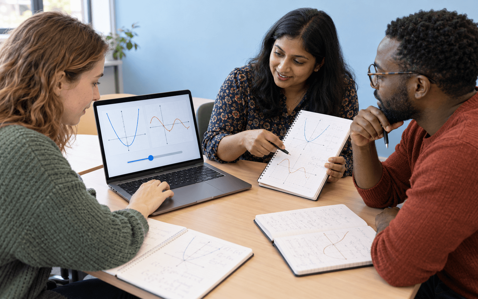 A teacher and two adult learners compare handwritten function sketches with an interactive graph display while one learner adjusts the tool.