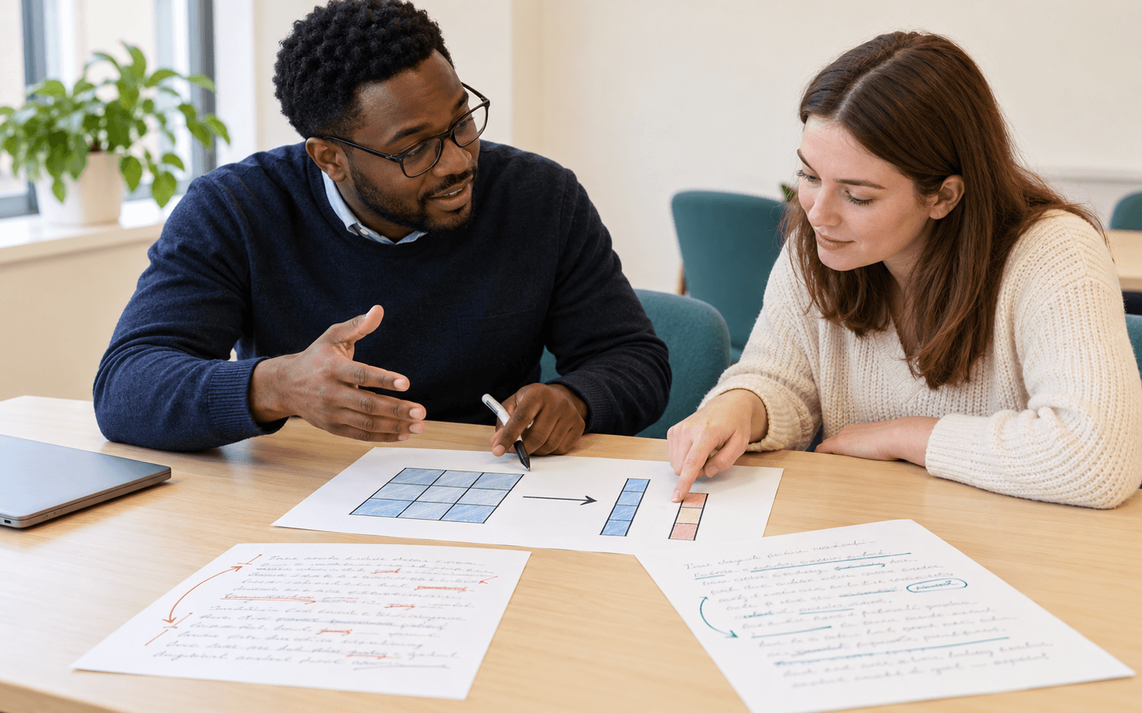A computing teacher and an adult learner connect a compact matrix-adjustment diagram with annotated writing examples.