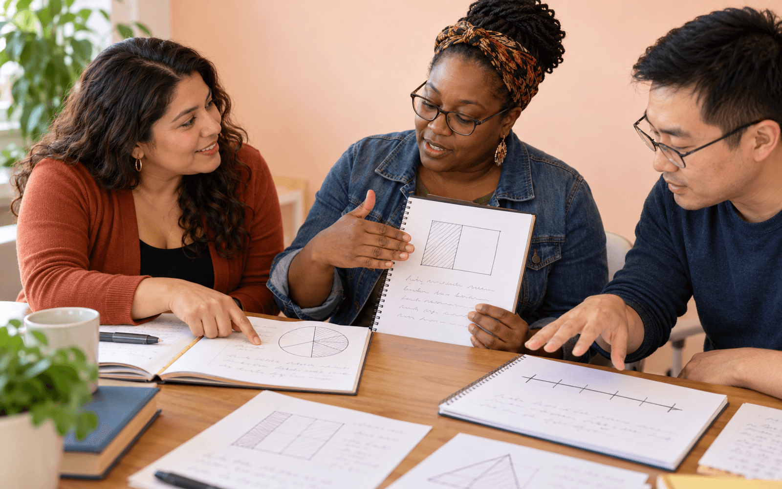 Three adults discuss a number-line sketch and a half-shaded rectangle, comparing how they explain the mathematical meaning.
