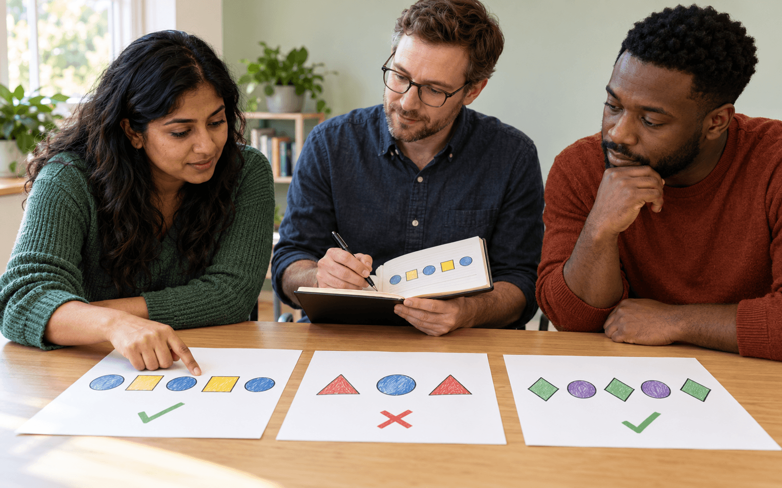 An educator and two adult learners review fictional illustrated training examples, marking acceptable patterns and a flawed sequence for revision.