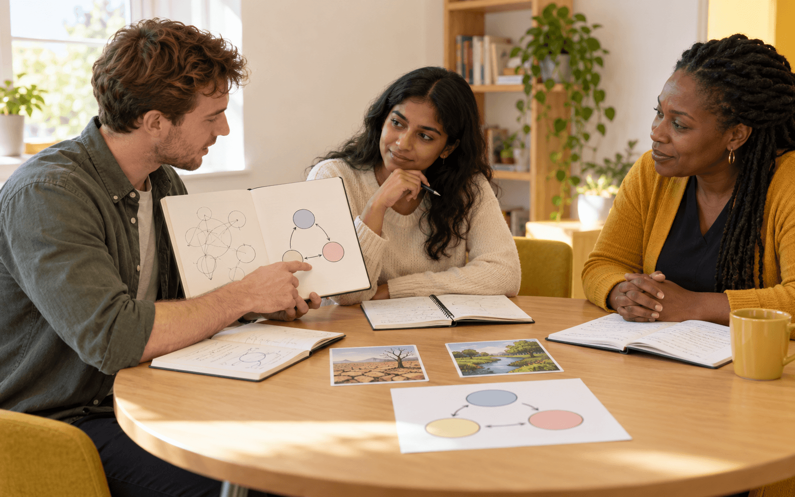 A lecturer and two adult learners compare earlier and revised case sketches around a compact concept map.