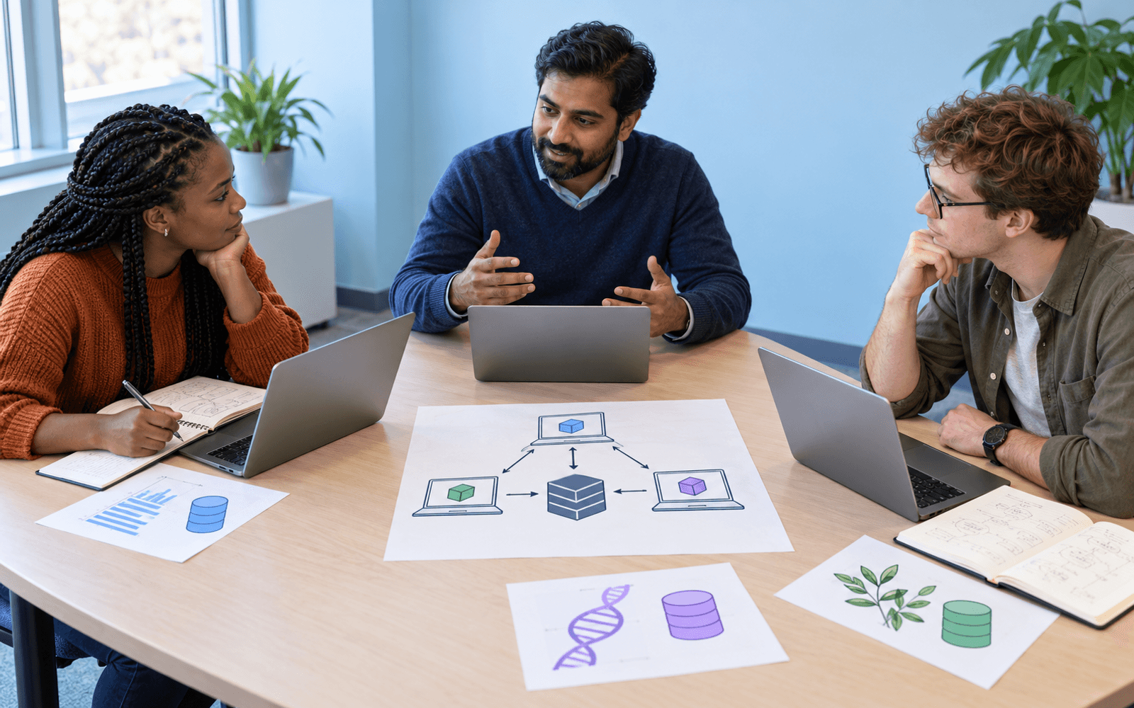 Three adults compare separate local computers with a diagram that sends model updates to a central aggregation step.