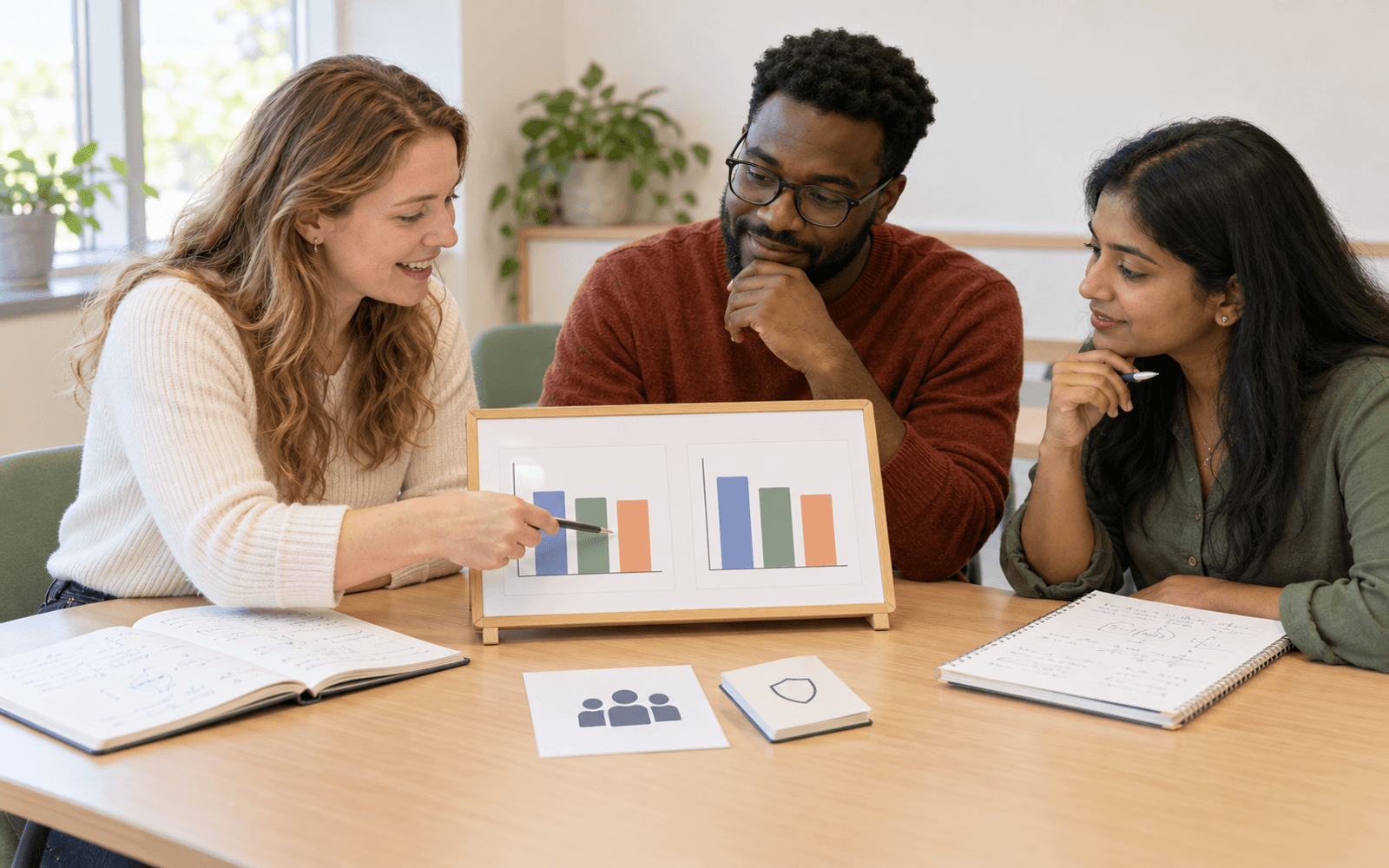 A computing teacher and two adult learners compare slightly different aggregate bar charts while discussing protection of individual records.