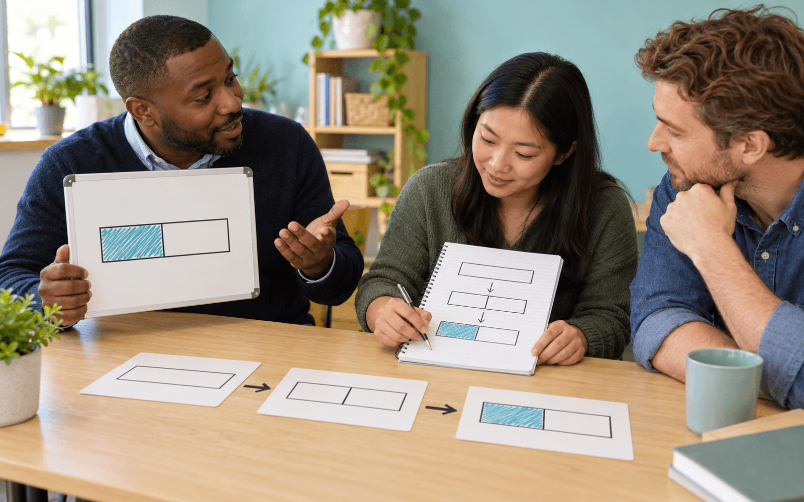 A mathematics educator and two adult learners connect a half-shaded bar model with the steps used to construct it.