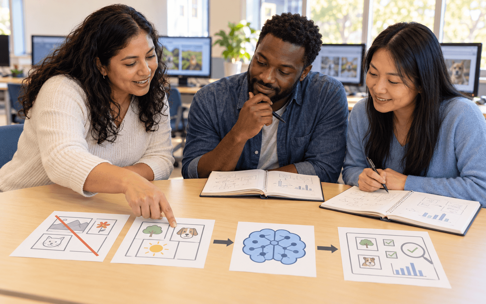 A teacher and two adult learners trace an excluded record through a revised model workflow and a separate validation step.