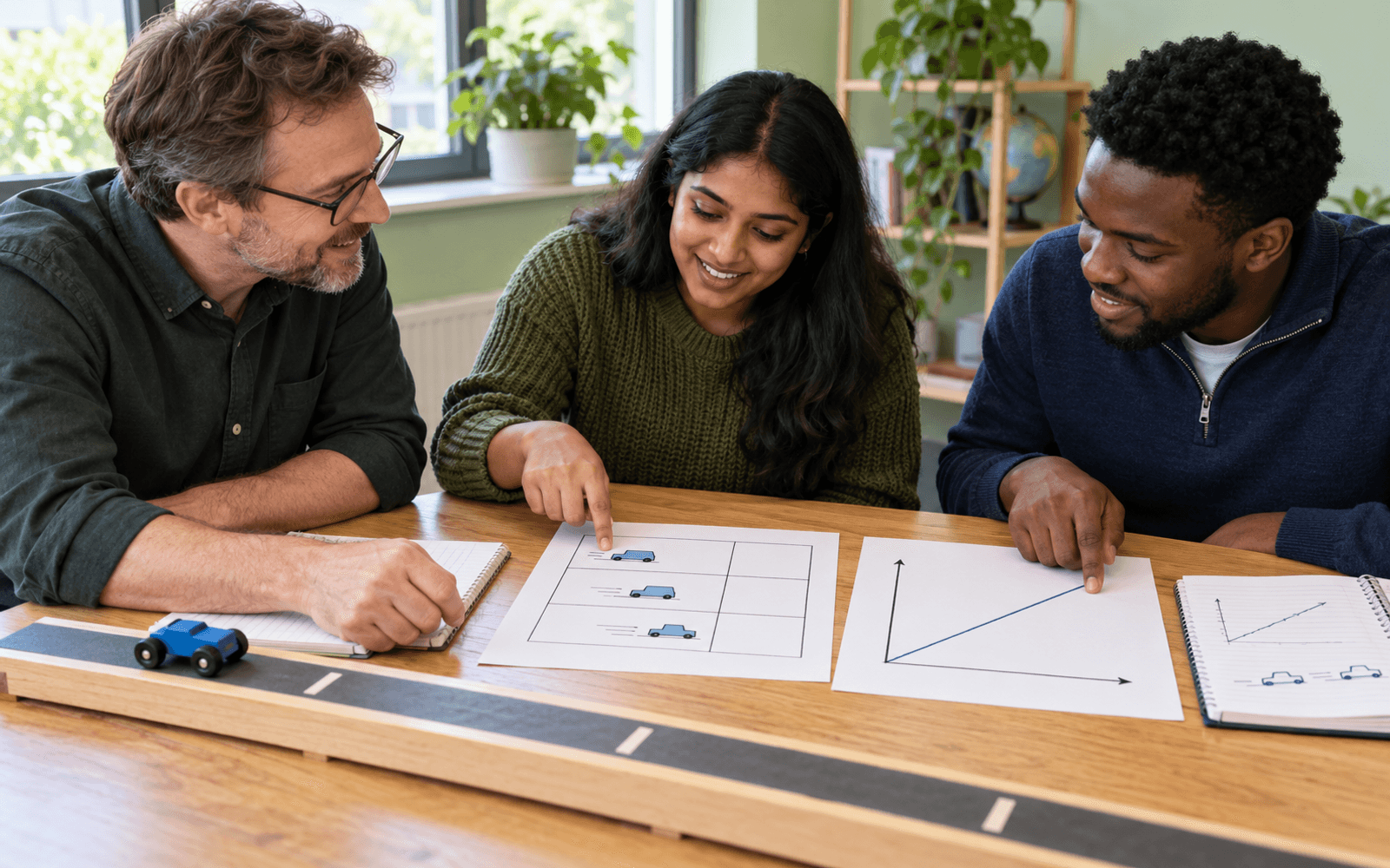 A physics educator and two adult learners connect a toy vehicle's positions with an observation table and a rising motion graph.