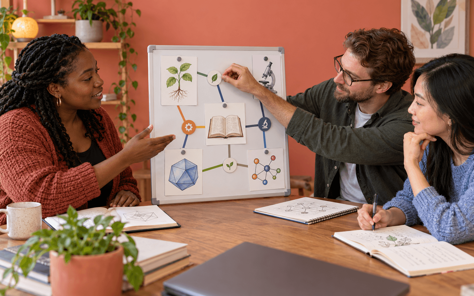 A teacher and two adult learners arrange illustrated lesson cards and discuss the relationships connecting them in a small knowledge graph.