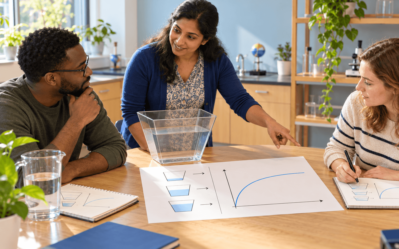 A teacher and two adult learners connect water levels in a widening container with observation sketches and an increasing curve that gradually flattens.