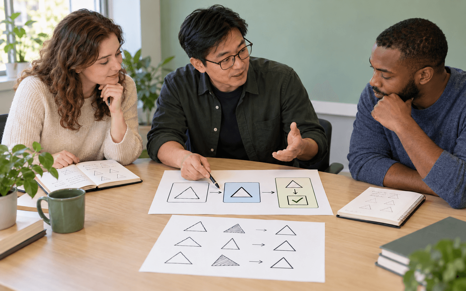 A computing educator and two learners connect hand-drawn triangles with recognized symbols and a simple rule-checking diagram.