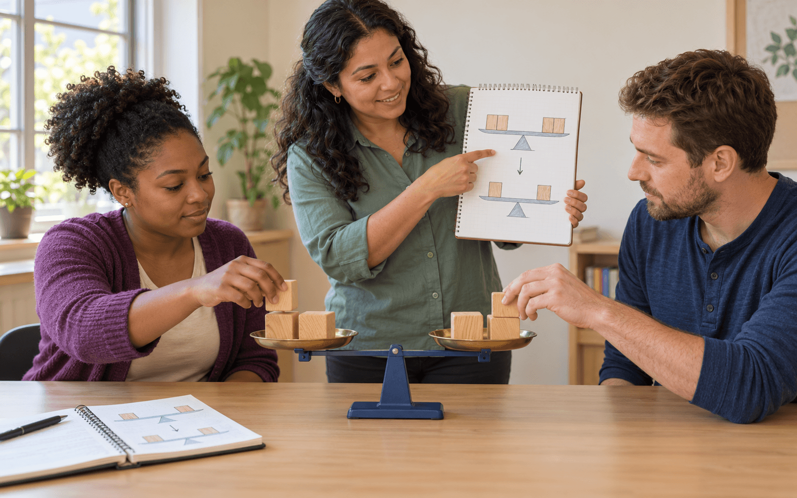 A mathematics teacher and two adult learners connect a balanced scale with a sketch showing the same change on both sides.
