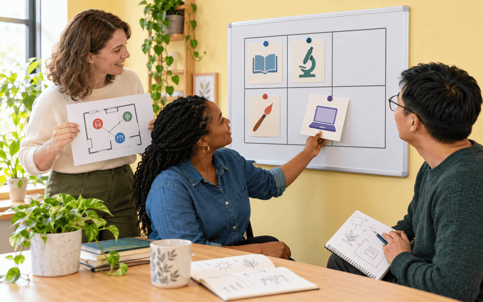 An educator and two adult learners move illustrated workshop cards between available timetable slots while checking a room-resource diagram.