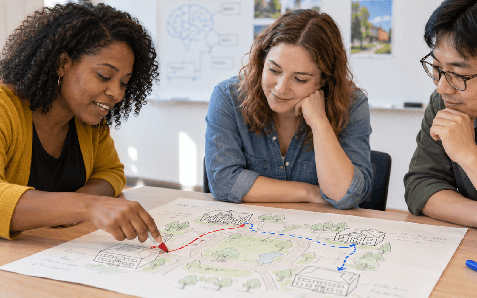 A Black woman teacher and White and East Asian adult learners trace routes on a simple campus map in a bright classroom.