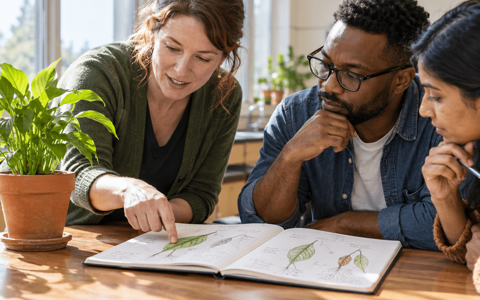 A White woman science teacher and Black and South Asian adult learners examine a potted plant and annotated leaf sketches in an open notebook.