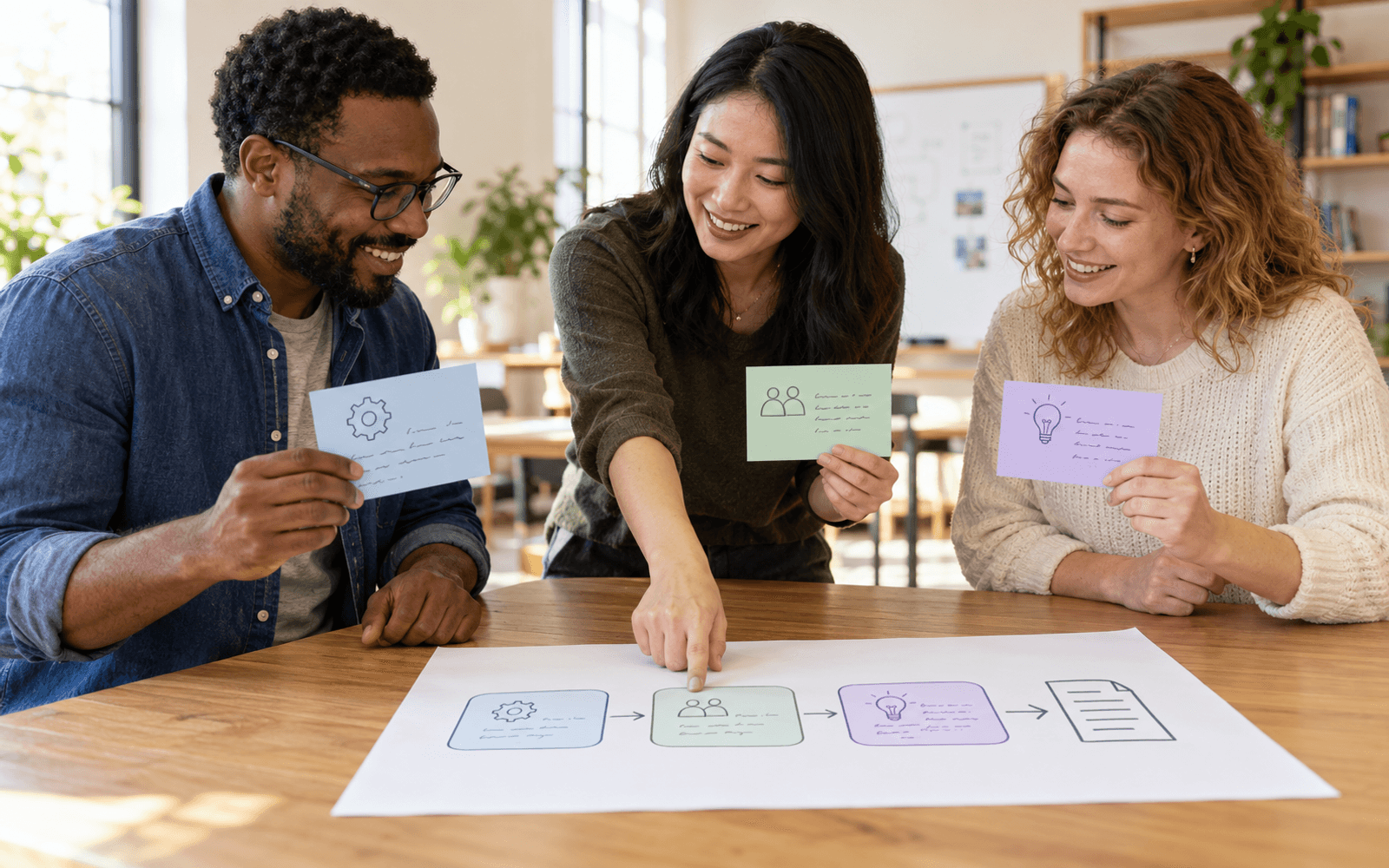 An East Asian woman teacher and Black and White adult learners coordinate tasks using three annotated cards and a sparse workflow diagram.