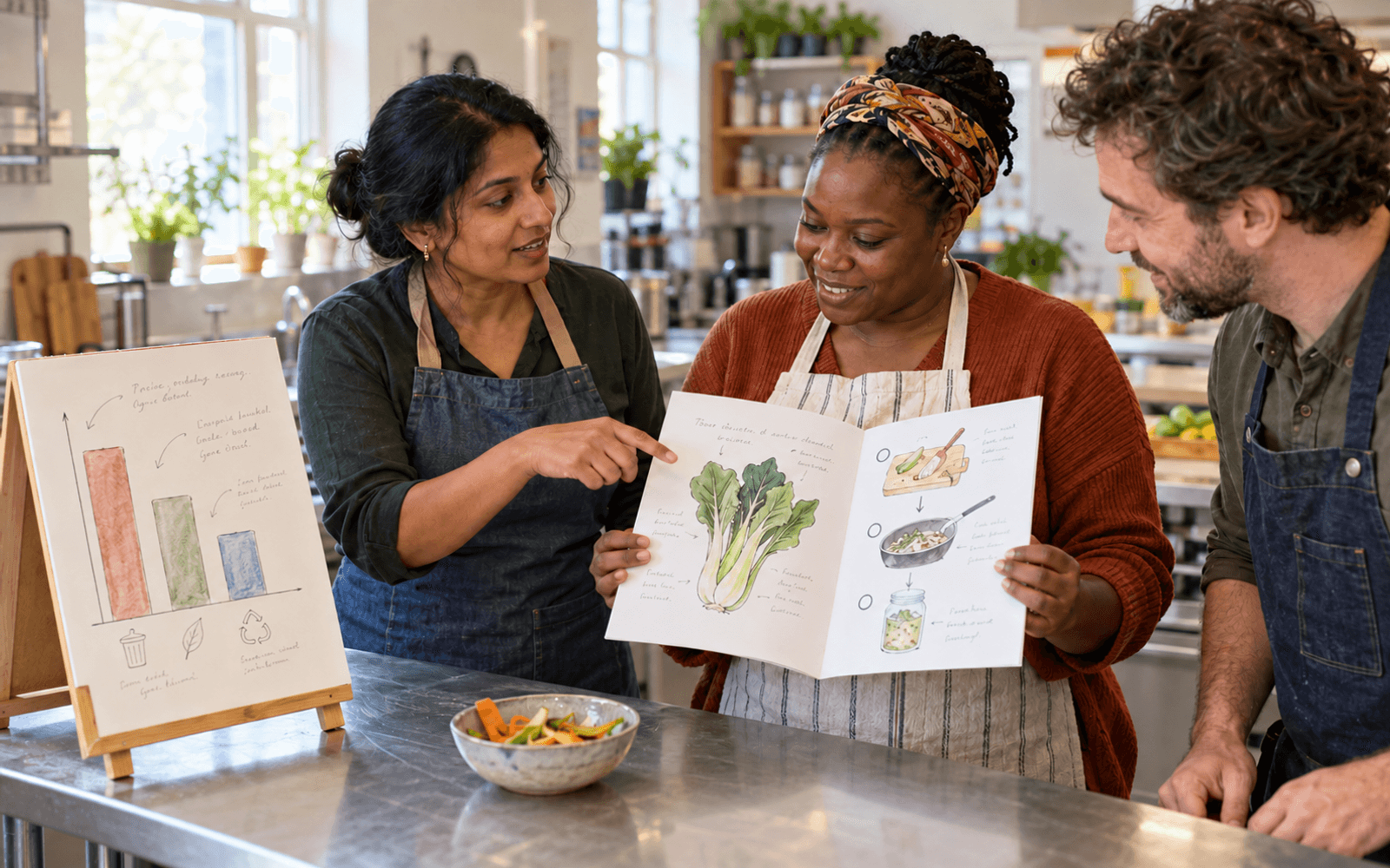 A South Asian woman teacher and Black and White adult learners review a food-waste project chart and an illustrated draft guide.