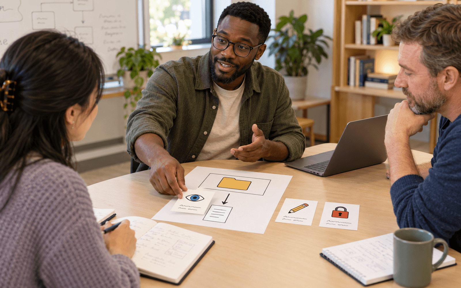 A Black man teacher and East Asian and White adult learners compare permission cards beside a course-access diagram.