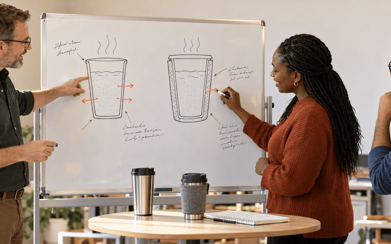 A White man science teacher and a Black woman adult learner revise cup-insulation sketches on a whiteboard beside two covered cups, while another learner watches.