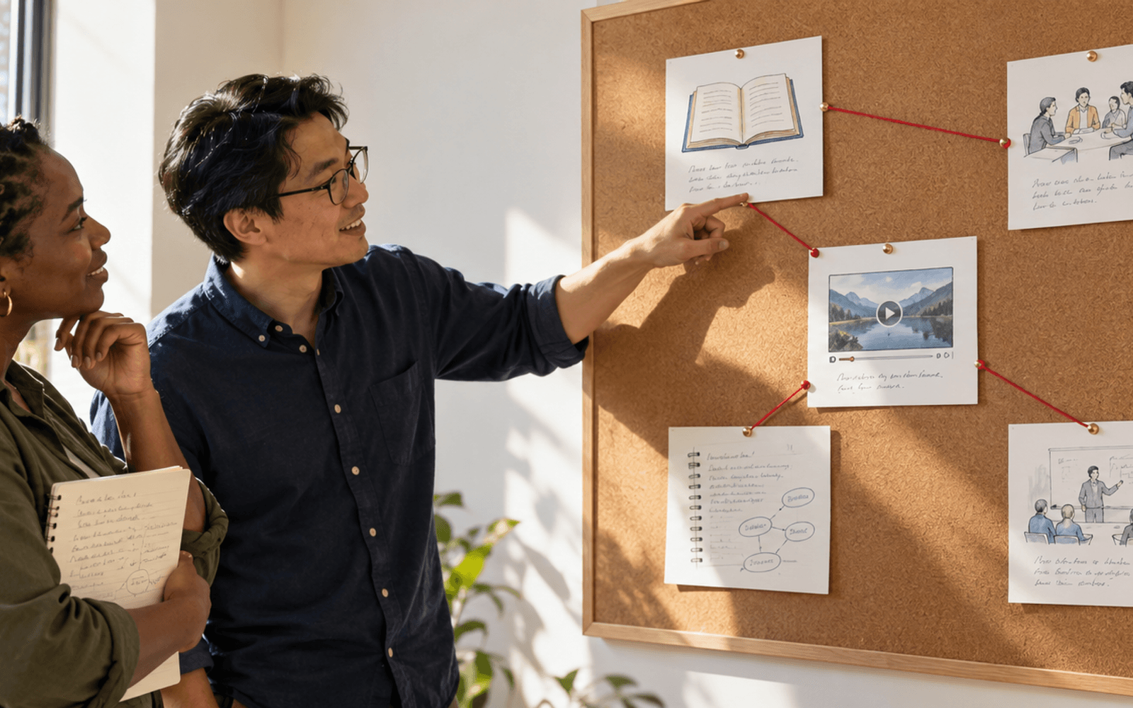 An East Asian man lecturer and a Black woman adult learner discuss a sparse professional-learning source map on a pinboard.