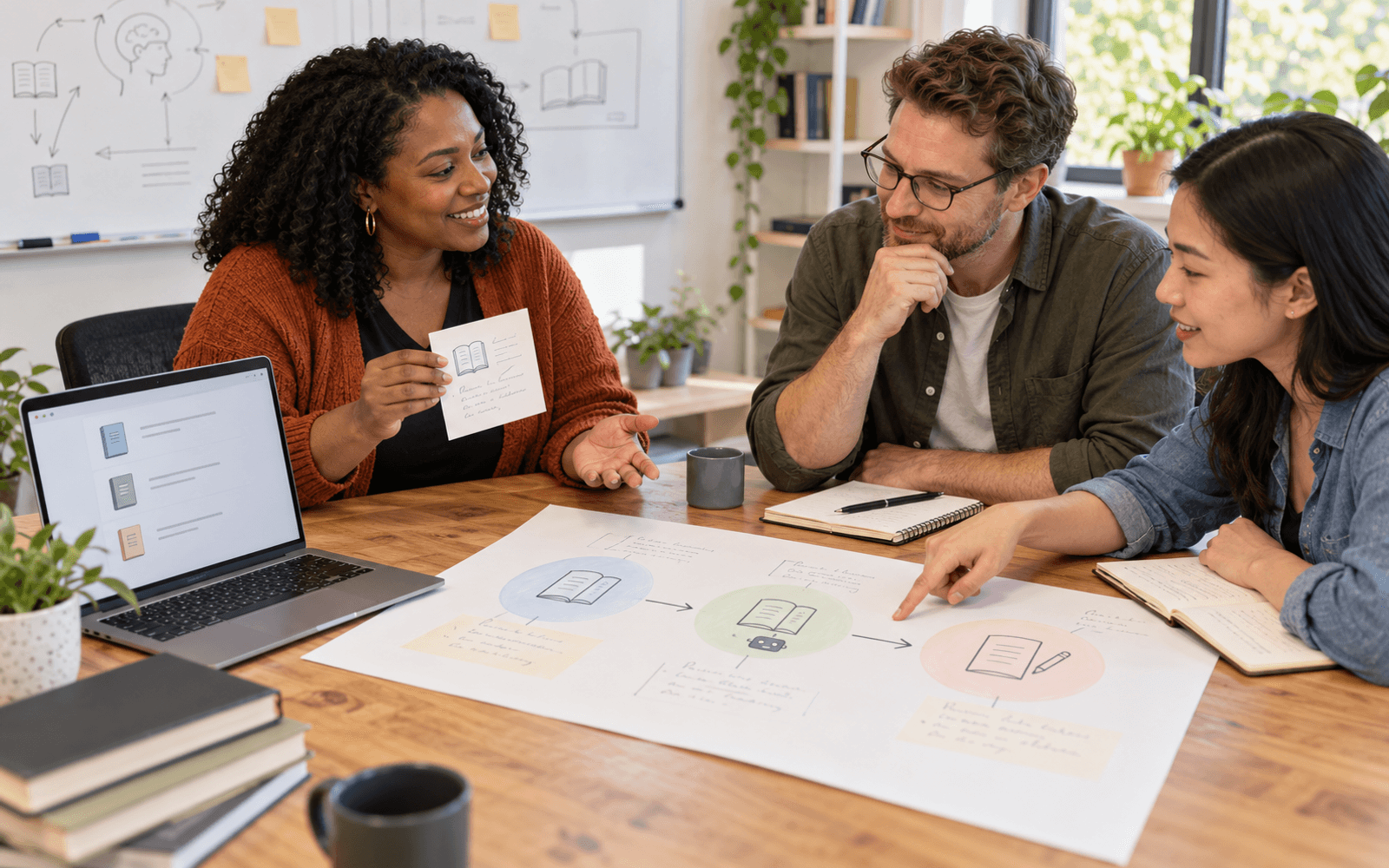 A Black woman teacher and White and East Asian adult learners review preference cards and a short memory timeline beside a laptop.