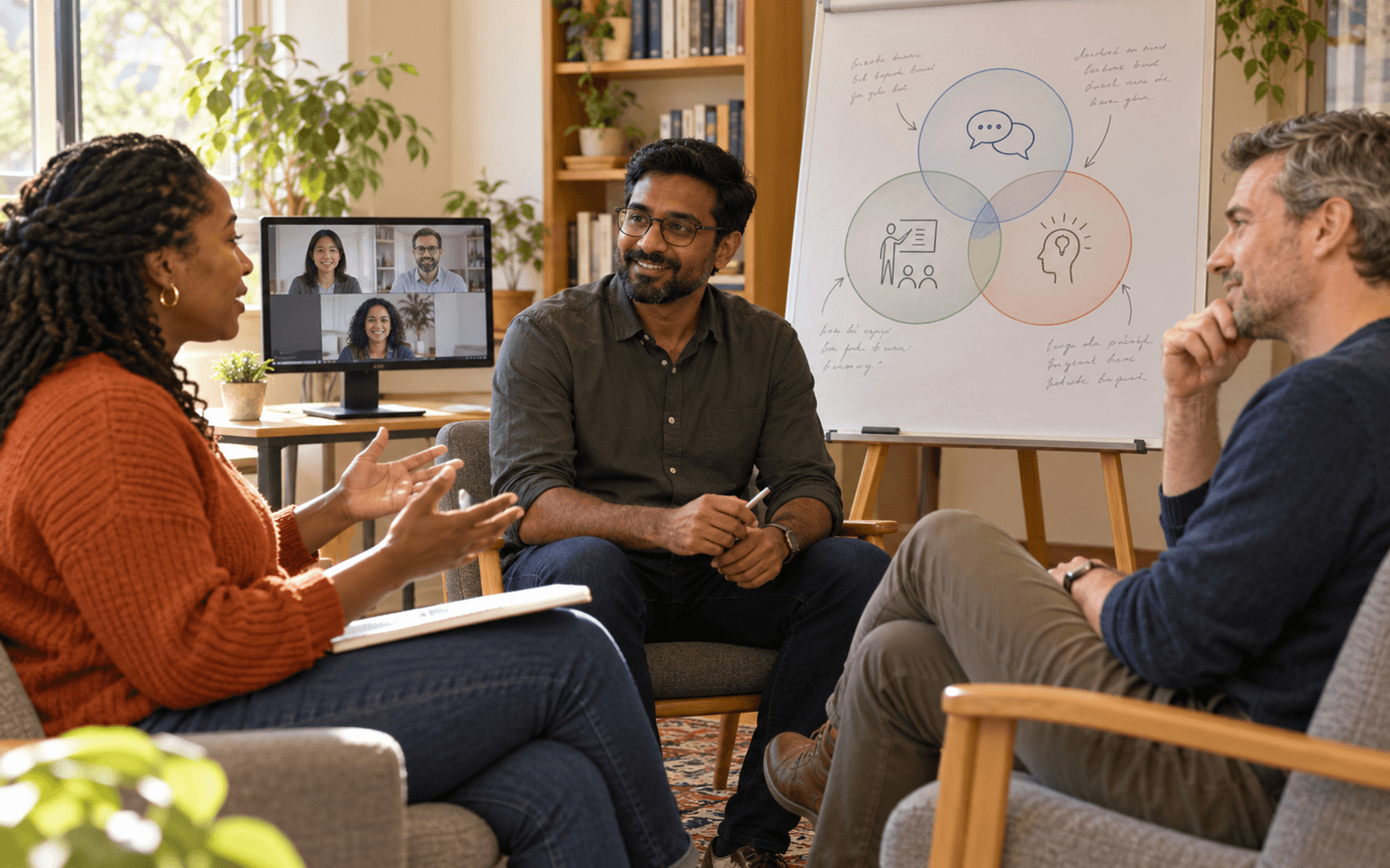 A South Asian man instructor and Black and White adult learners discuss an online seminar beside a simple inquiry diagram.
