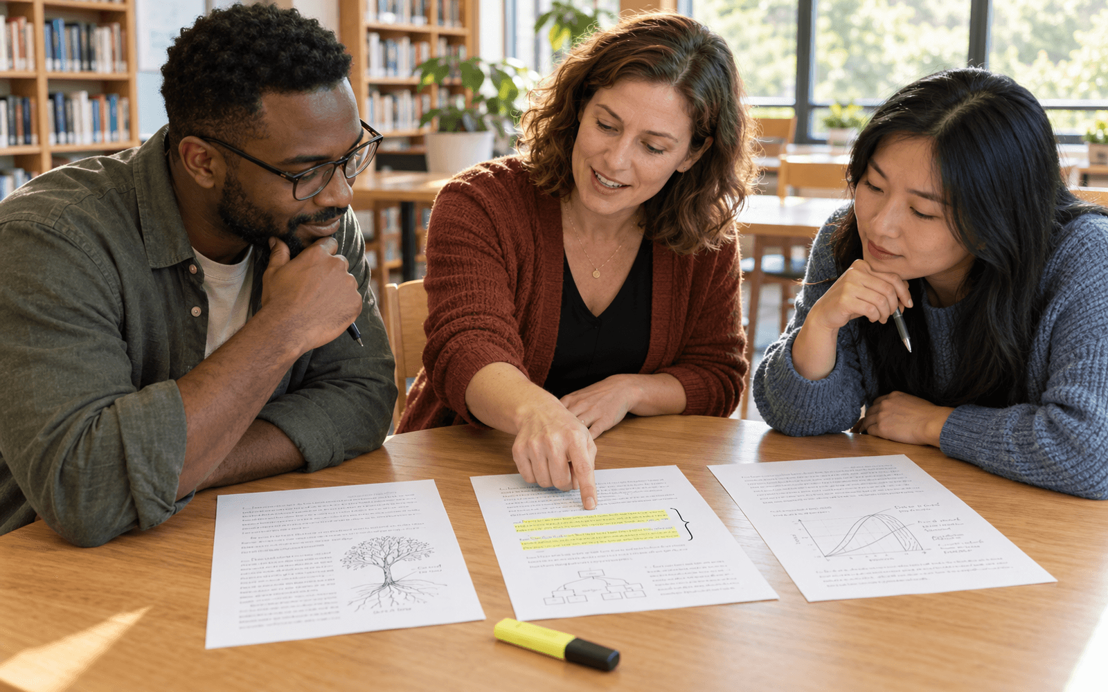 A White woman teacher and Black and East Asian adult learners compare annotated handbook sections while keeping a rule and exception together.