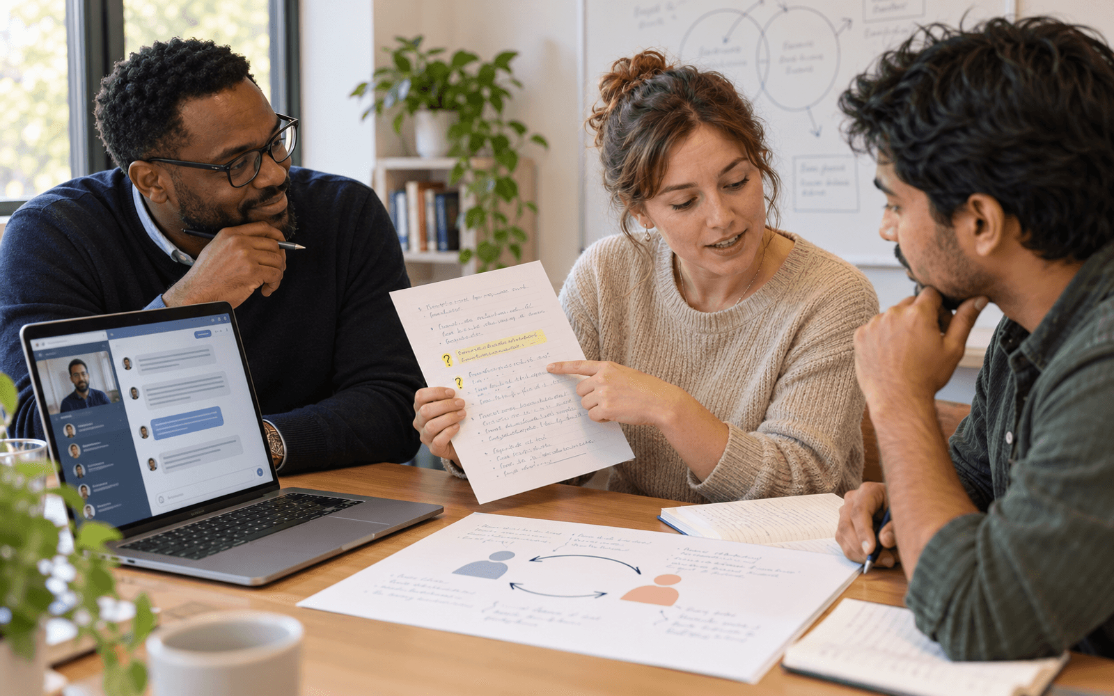 A Black man instructor and White and South Asian adult learners review distance-learning instructions and a two-way feedback pathway.