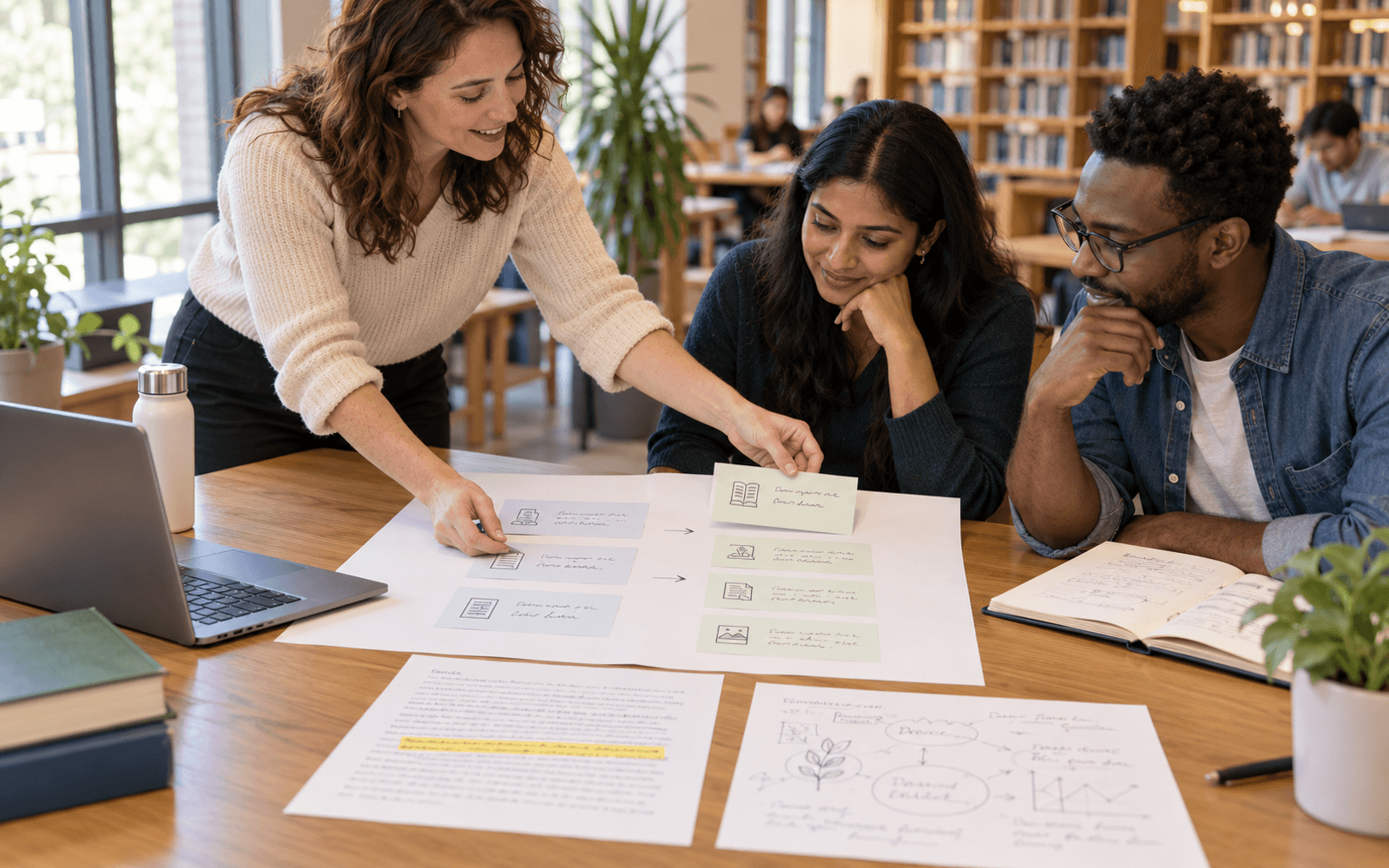 A White woman instructor and South Asian and Black adult learners compare search-result cards and annotated source passages.