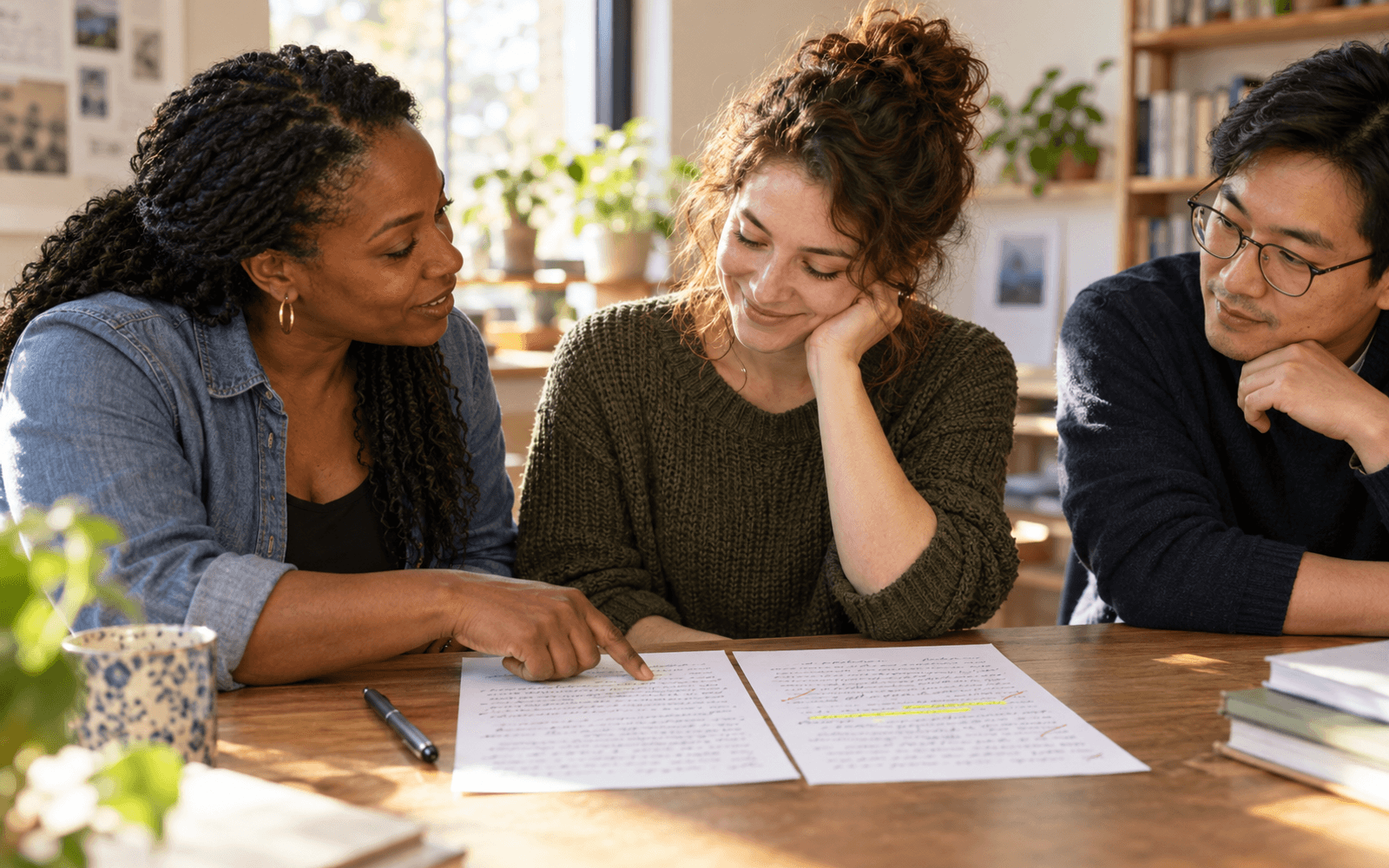 A Black woman writing teacher and White and East Asian adult learners compare an original paragraph with an annotated revision.