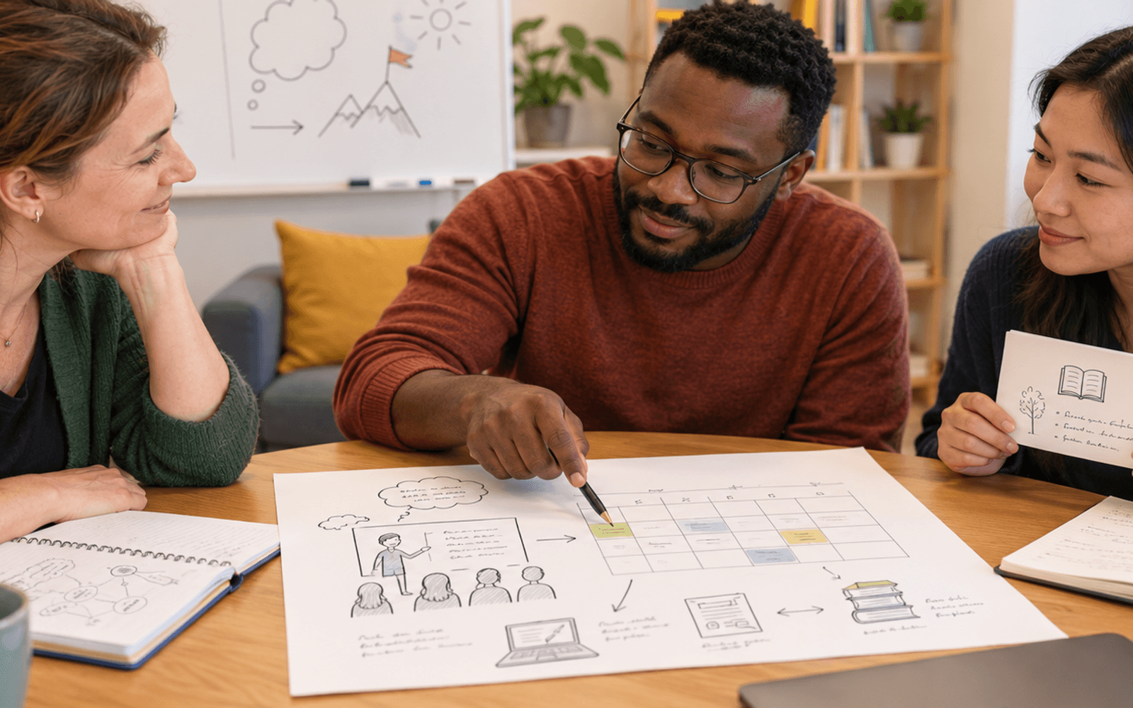 A White woman tutor and Black and East Asian adult learners discuss a study plan with goals and time-allocation sketches.