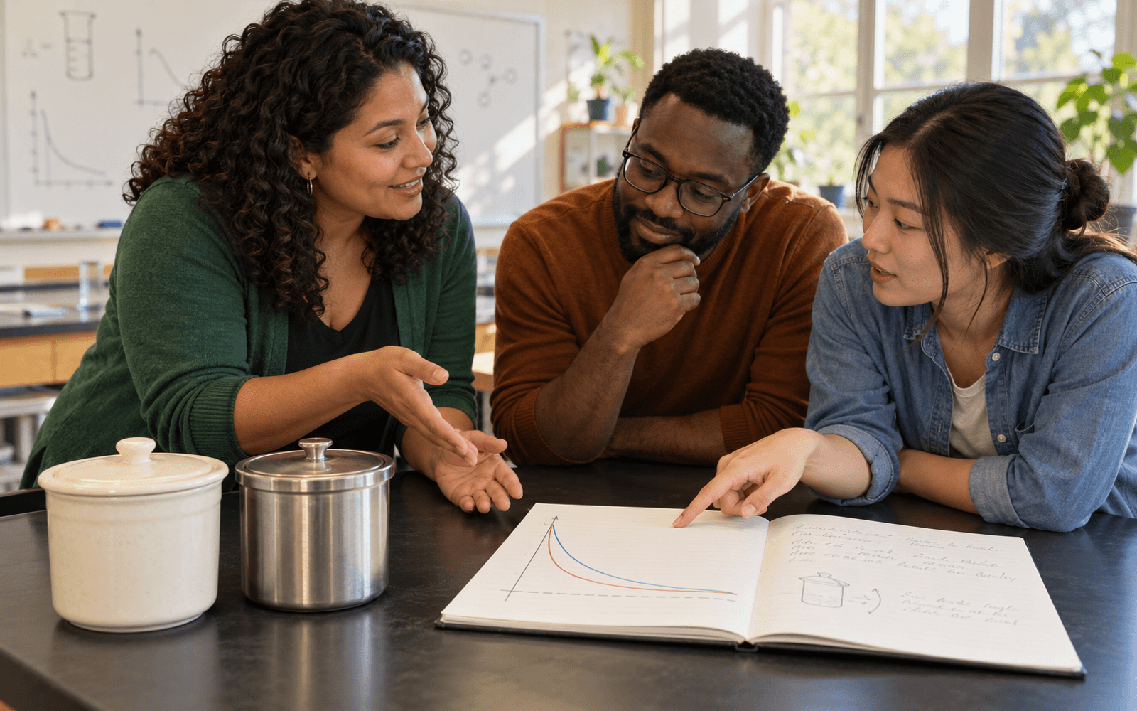 A Latina science teacher and Black and East Asian adult learners compare cooling containers and discuss an annotated graph.