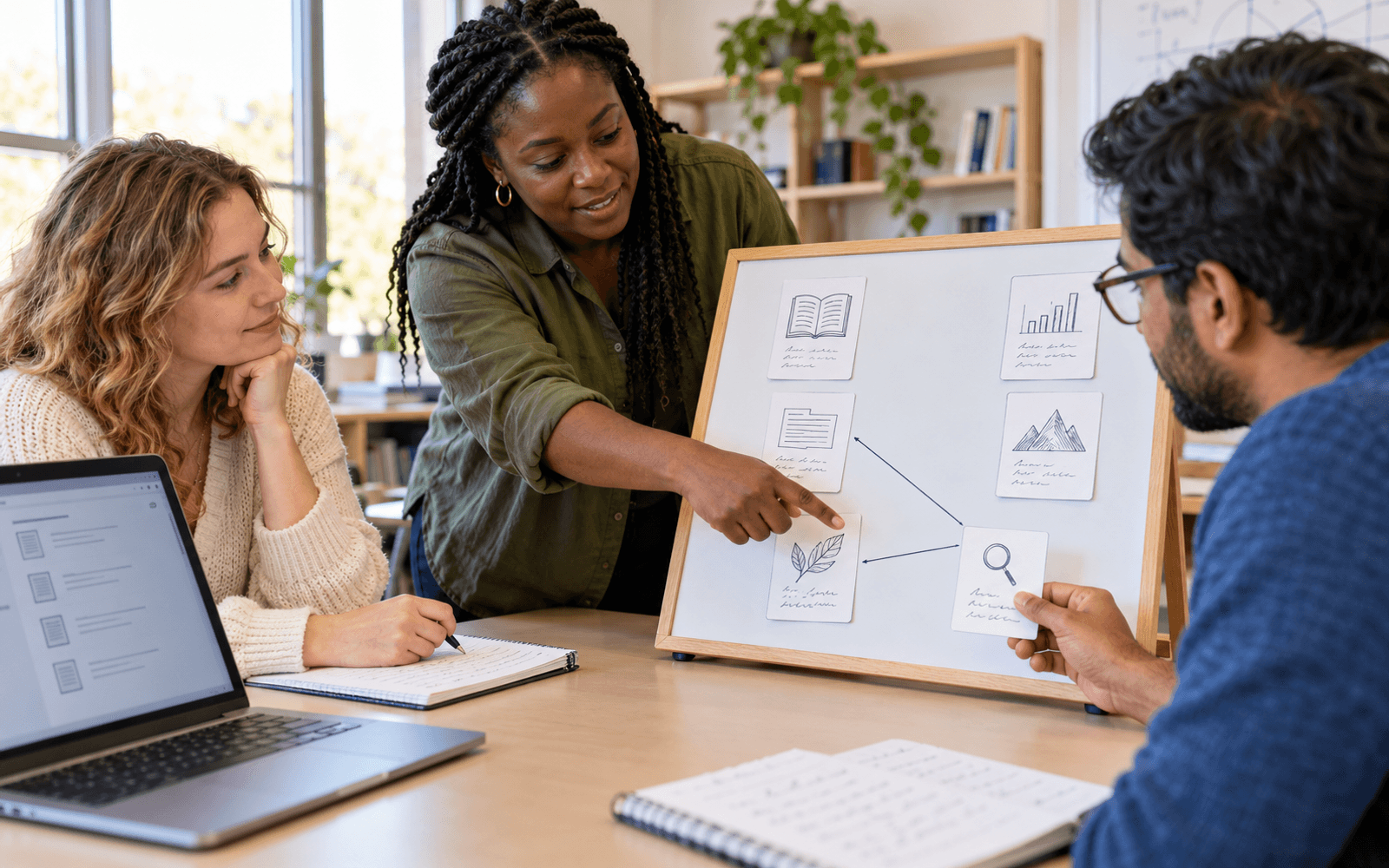 A Black woman computing teacher and White and South Asian adult learners examine a sparse similarity map with source cards.