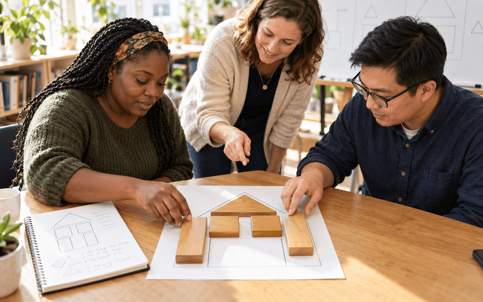 A White woman mathematics teacher and Black and East Asian adult learners work on a geometric construction puzzle.