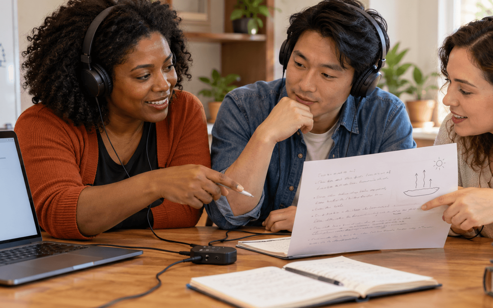 A Black woman teacher and East Asian and White adult learners listen to a recording and compare an annotated transcript beside an evaporation sketch.