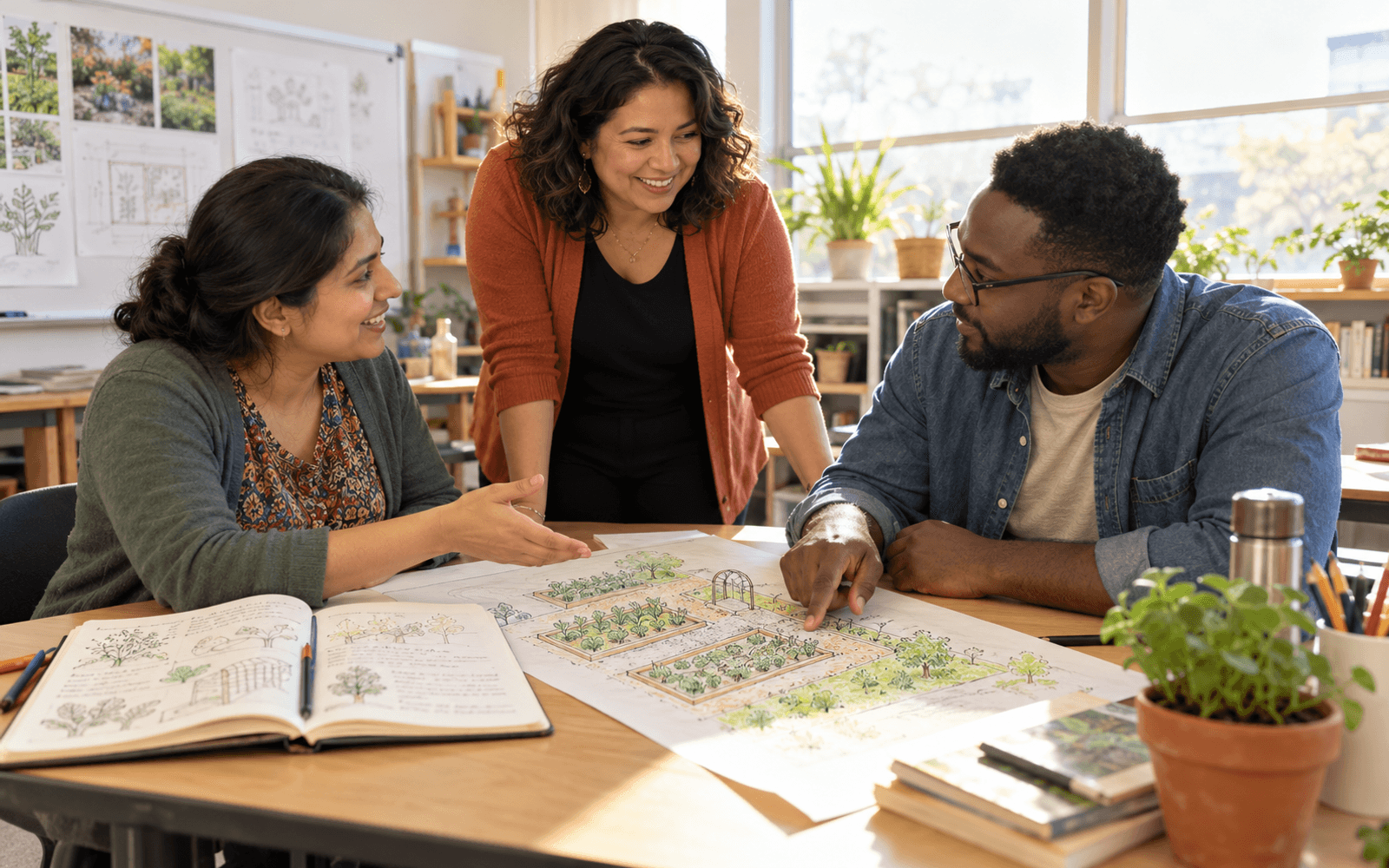 A Latina teacher welcomes Black and South Asian adult learners into a project group around a shared diagram and annotated notebook.