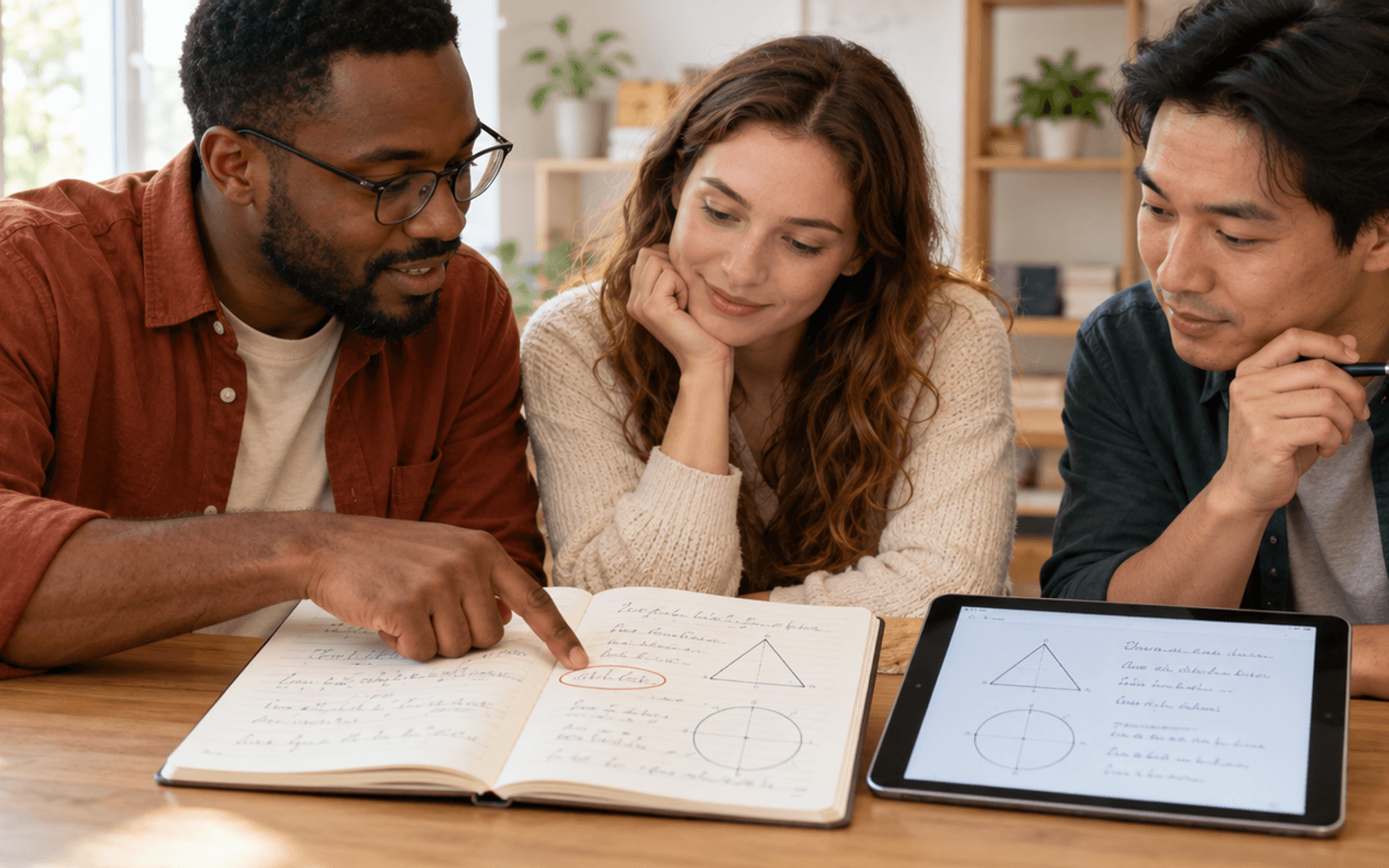 A Black man teacher and White and East Asian adult learners compare handwritten geometry notes with a tablet transcription.