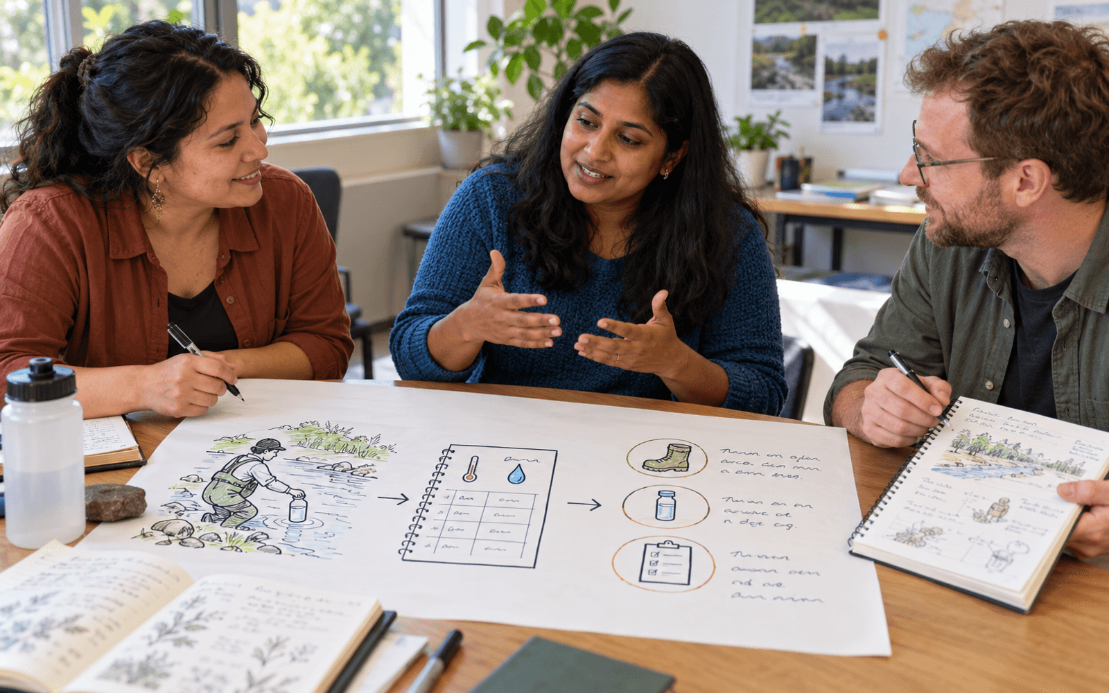 A Latina tutor and South Asian and White adult learners connect an environmental career goal with a practical learning plan.