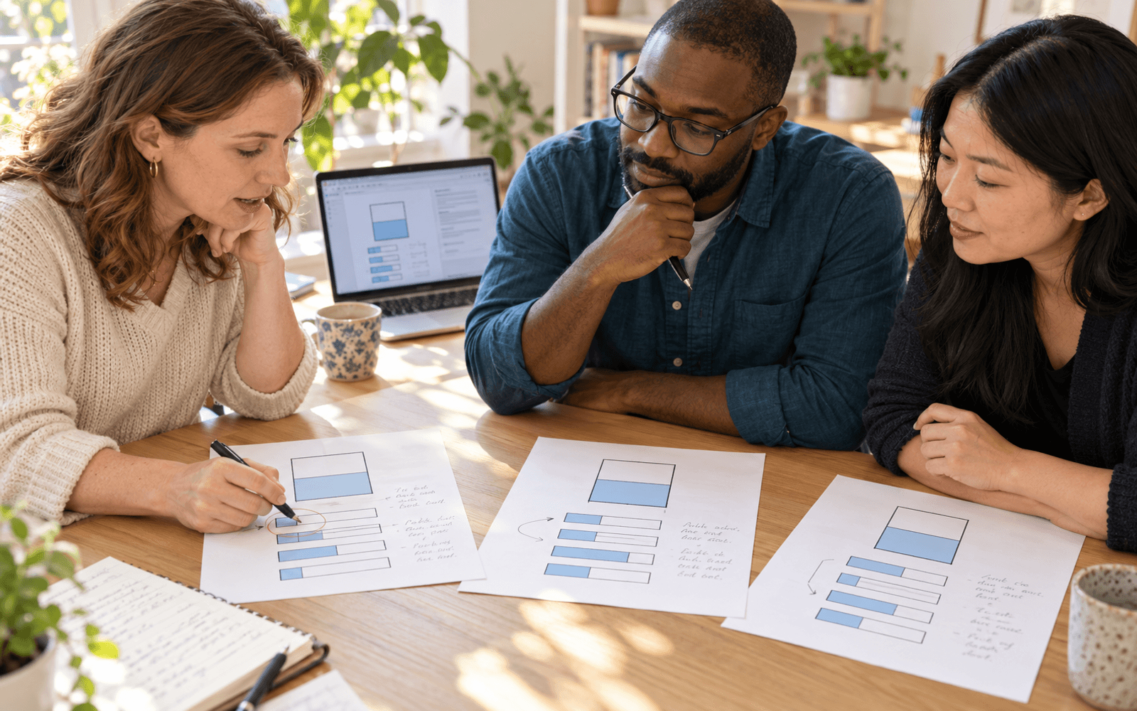 A White teacher and Black and East Asian adult educators review an assessment item with a water-tank diagram and illustrated answer choices.