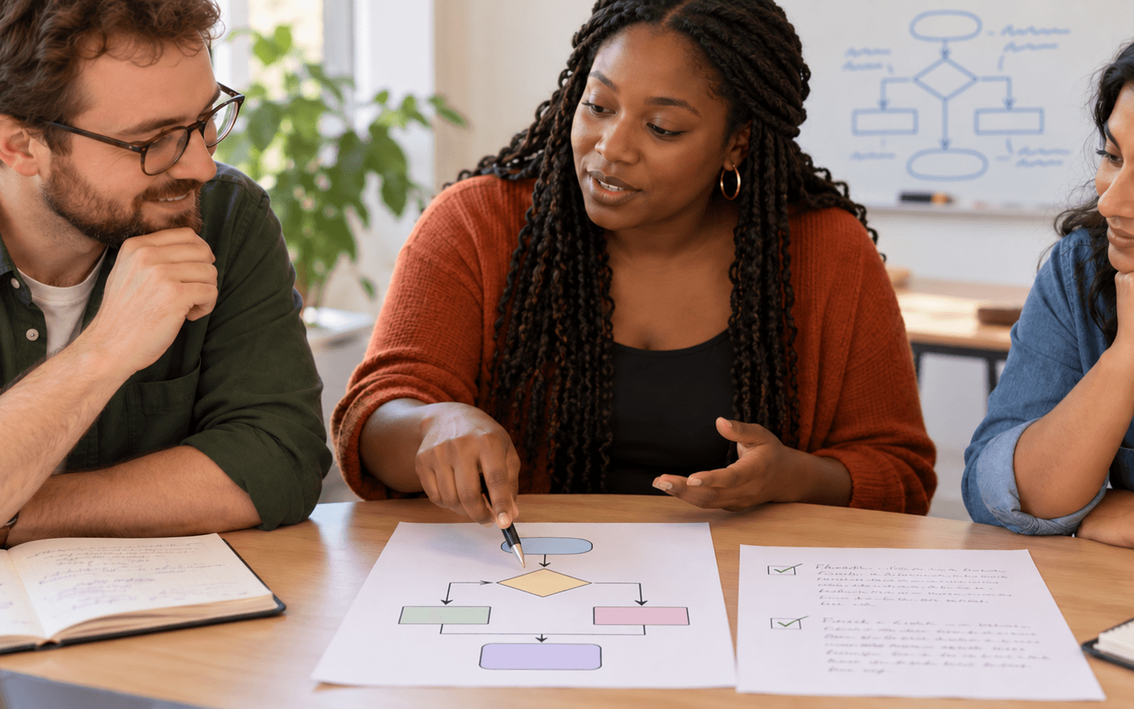 A Black woman teacher and White and South Asian adult learners discuss a programming flowchart and supportive assessment instructions.