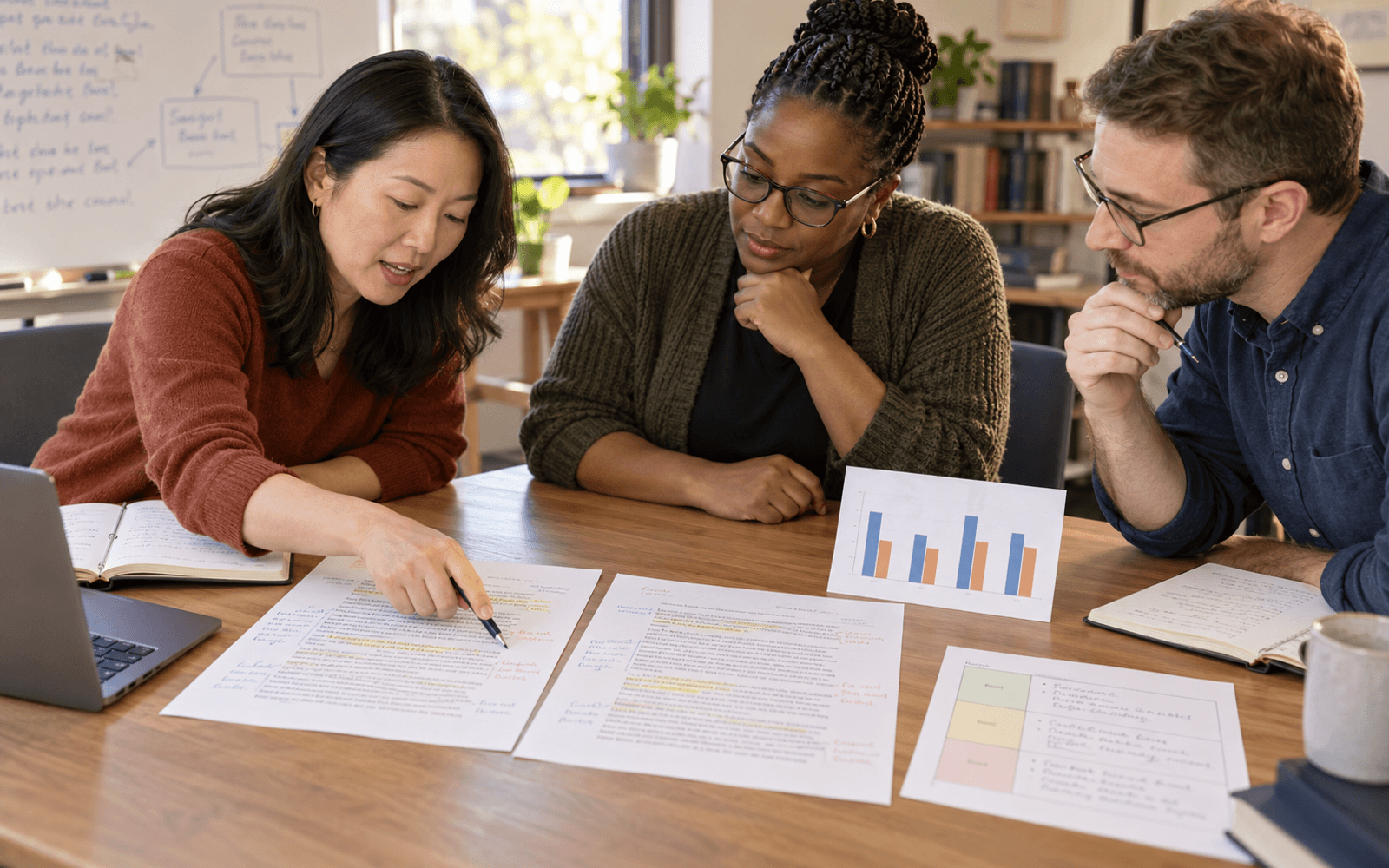 An East Asian teacher and Black and White adult educators compare annotated essays with a small score-comparison chart.