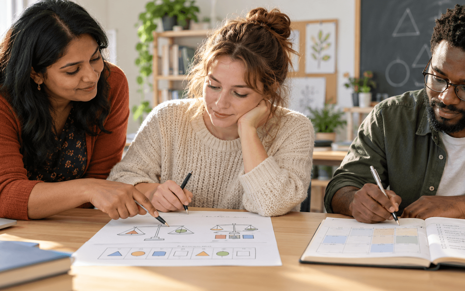 A South Asian teacher and White and Black adult learners review a mathematics practice sheet and plan manageable study sessions.