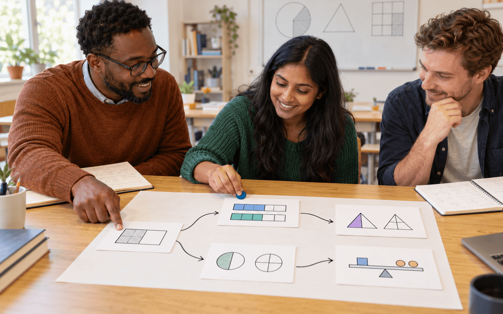 A Black teacher and South Asian and White adult learners explore a branching sequence of numeracy question cards.