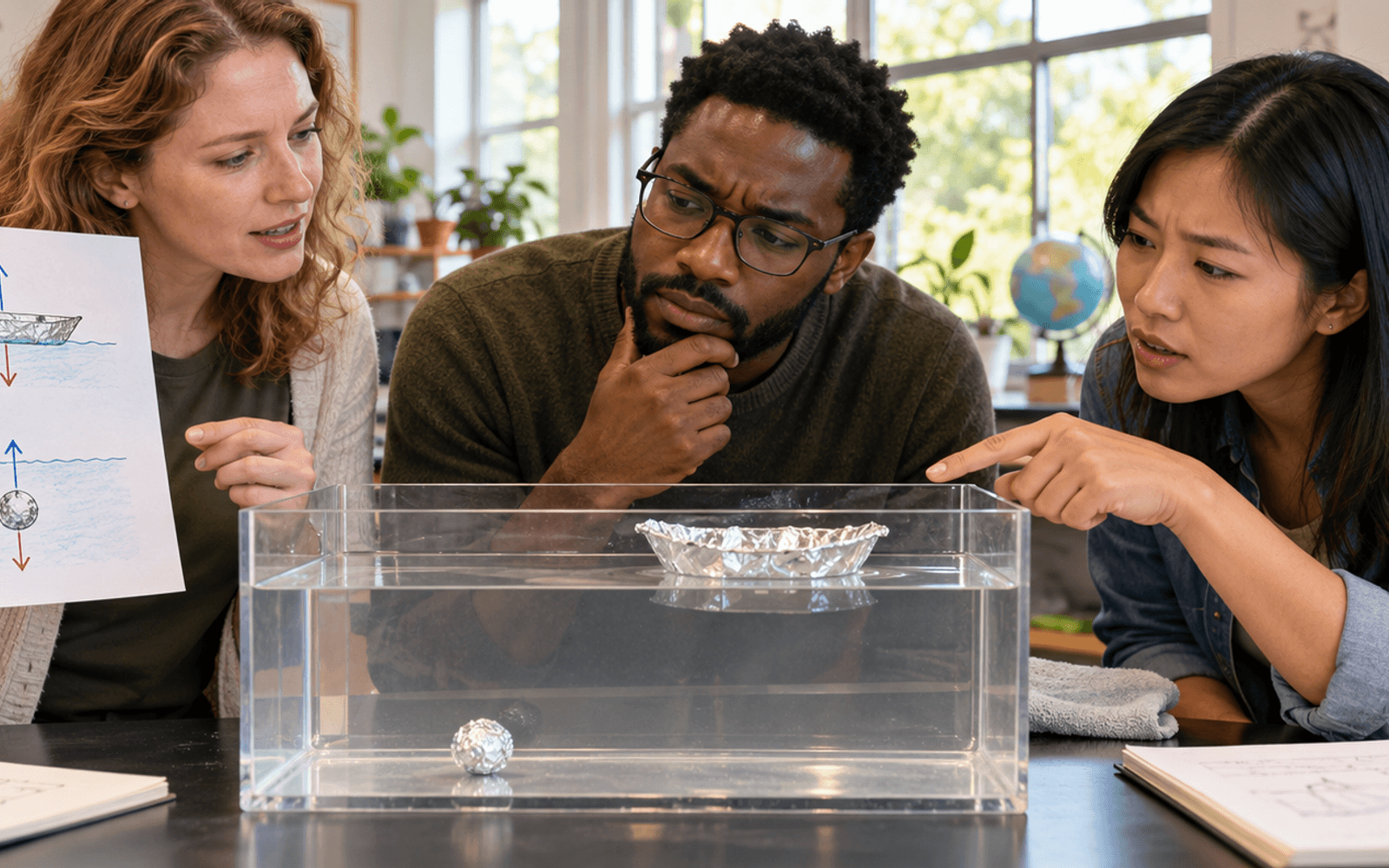 A White science teacher and Black and East Asian adult learners investigate why differently shaped metal objects float or sink.