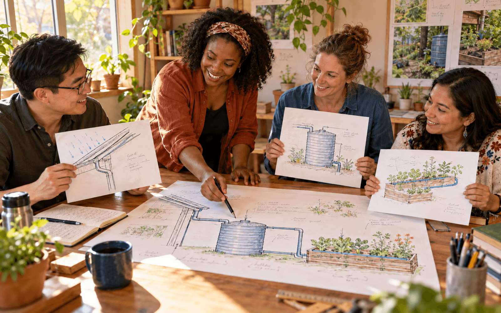A Black teacher and East Asian, White and Latina adult learners combine evidence sheets into a rainwater-system plan.