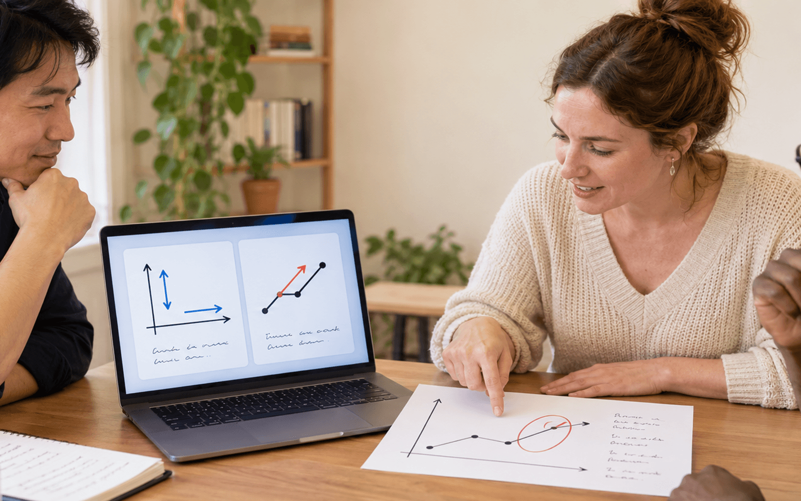 An East Asian teacher and White and Black adult learners compare graph-reading hints beside an annotated chart.