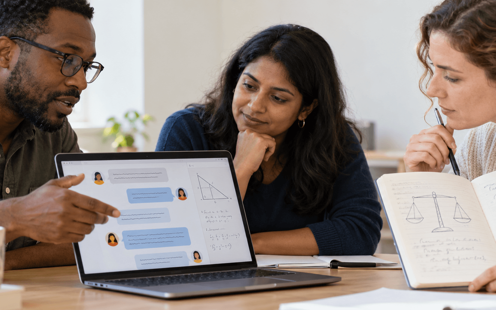 A Black teacher and South Asian and White adult educators rehearse a tutoring conversation beside an annotated learning diagram.