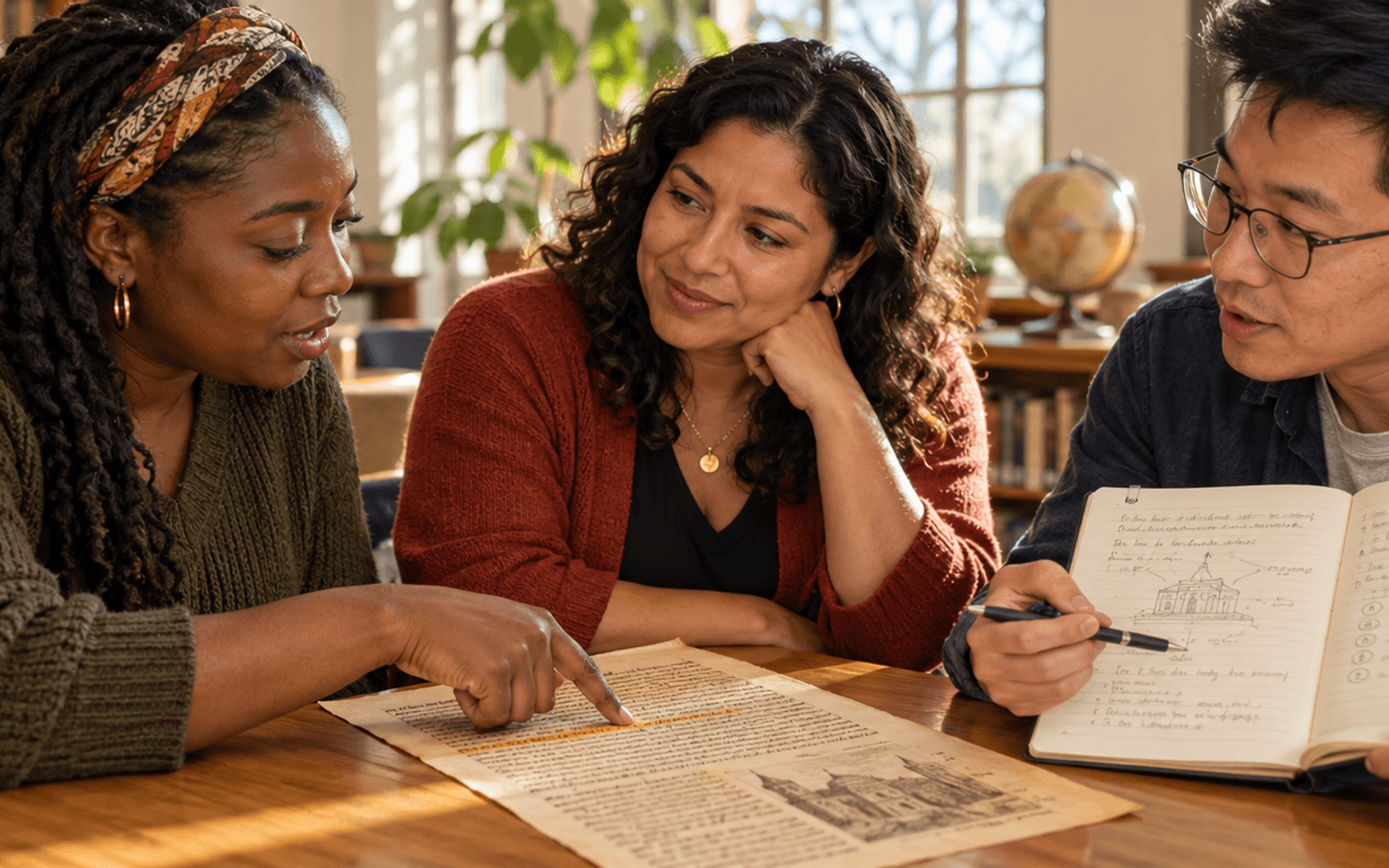 A Latina teacher and Black and East Asian adult learners discuss a specific passage in an annotated historical source.