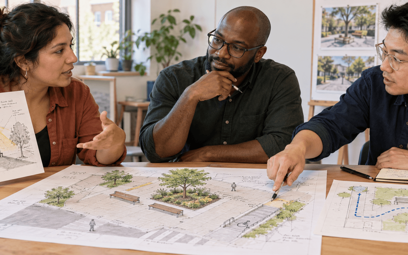 A Black teacher and Latina and East Asian adult learners discuss a public-space proposal using a site map and planning sketches.
