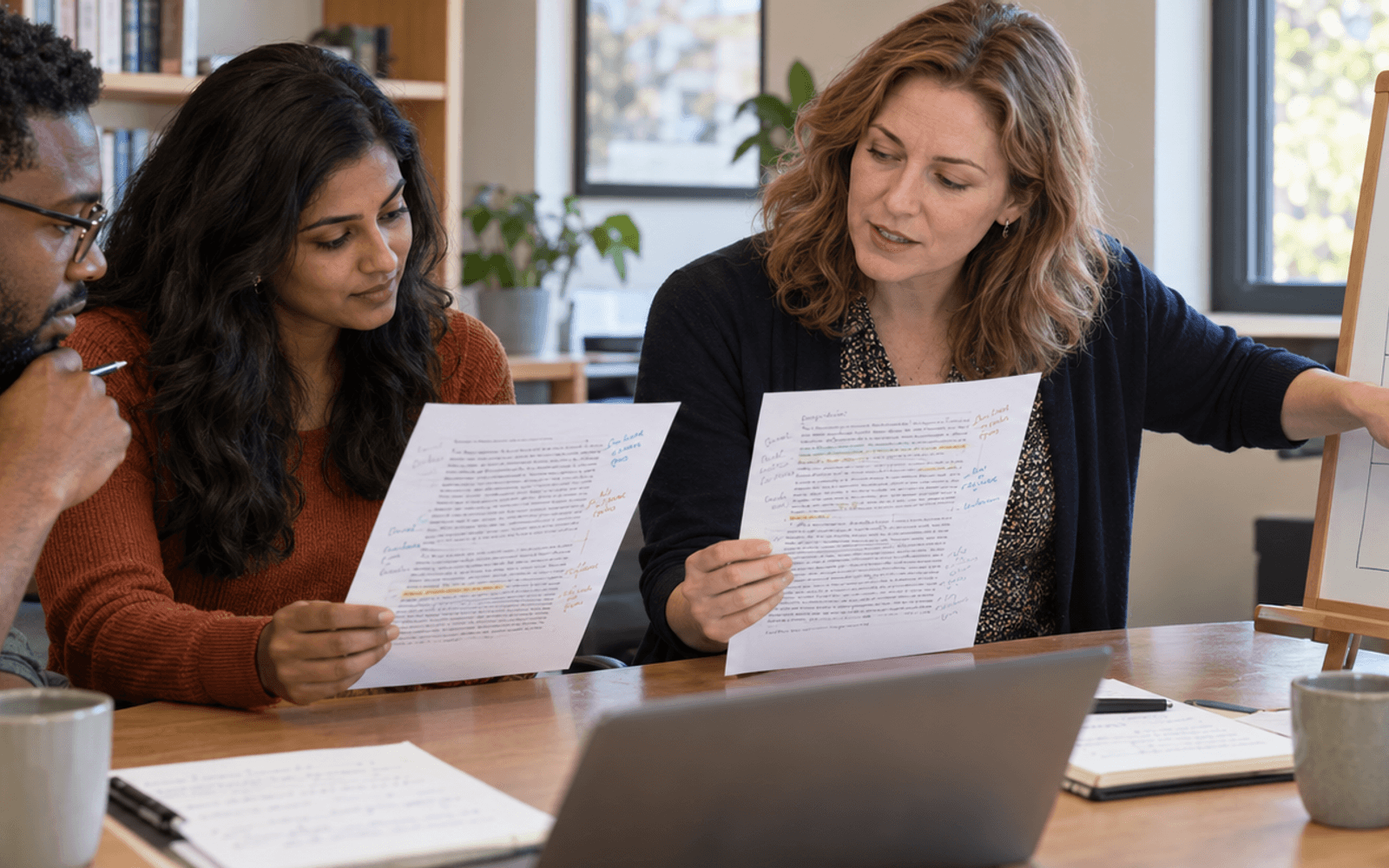 A White teacher and Black and South Asian adult learners compare annotated writing drafts beside a laptop.